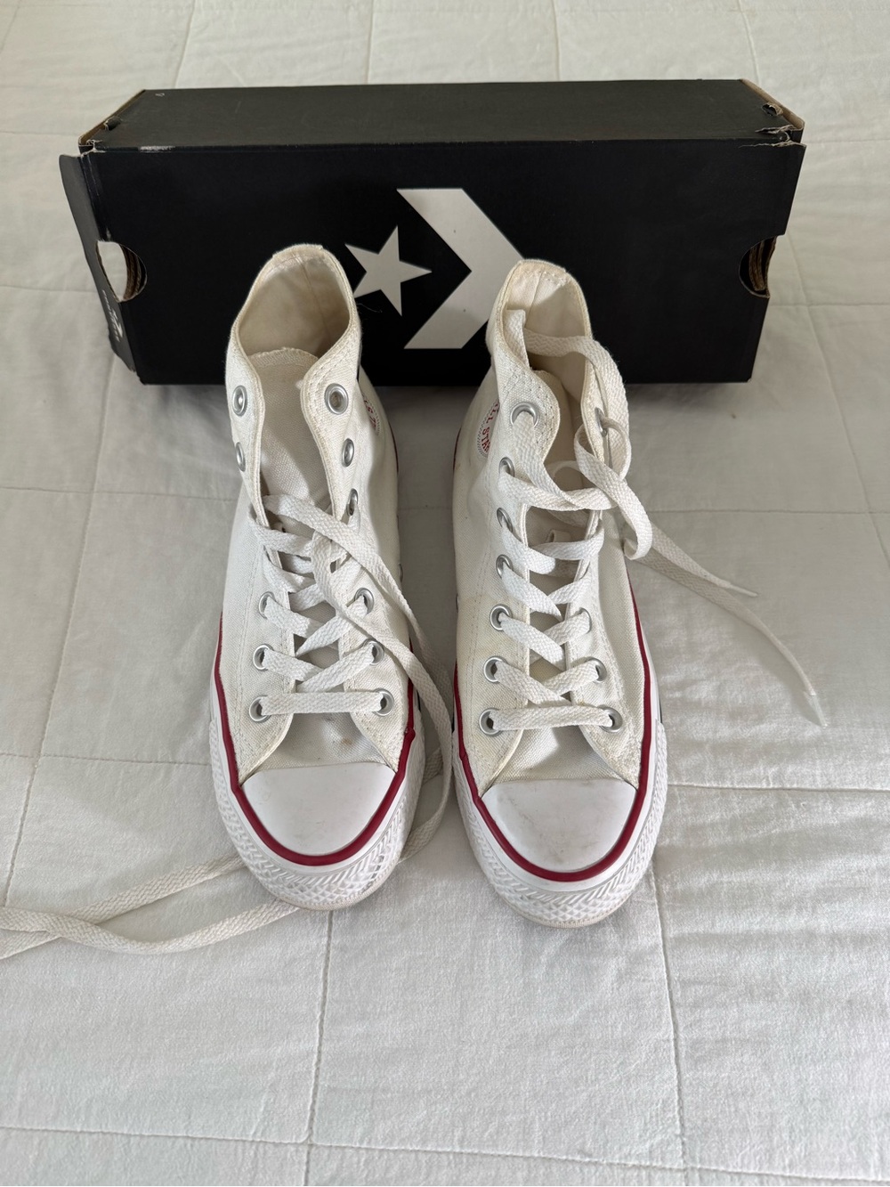 Converse White High Top Sneakers with Red Stripe